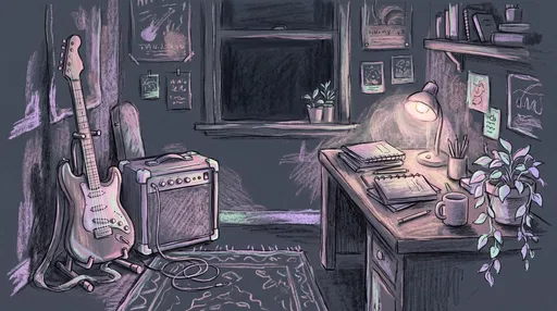 Pastel Drawing of Cozy Musician Bedroom