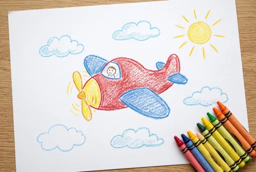 Child's Crayon Drawing of Red Airplane