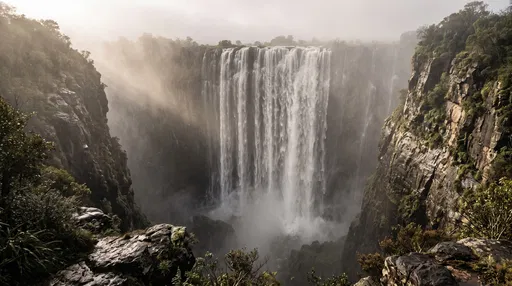 Majestic Waterfall in Misty Rocky Gorge