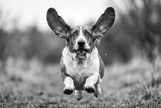 Monochrome Basset Hound Leaping in Field