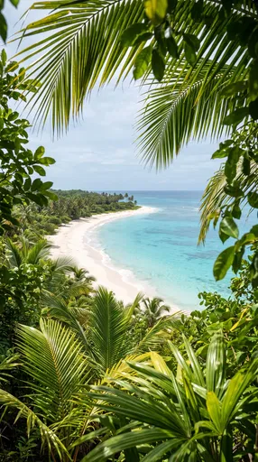 Tropical Beach Framed by Palm Fronds