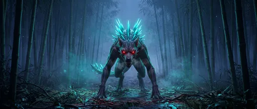 Glowing Spiked Creature in Misty Bamboo Forest
