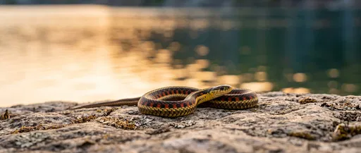 Garter Snake Basking on Lakeside Rock