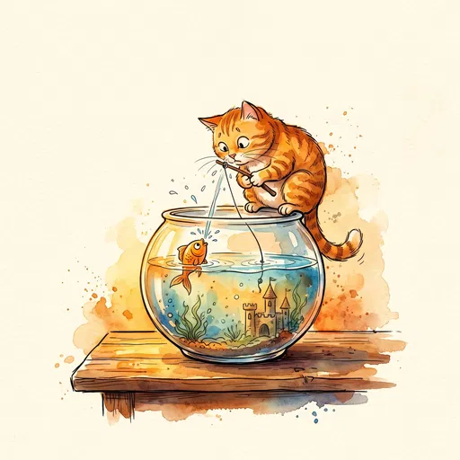 Watercolor Cat Fishing in Goldfish Bowl
