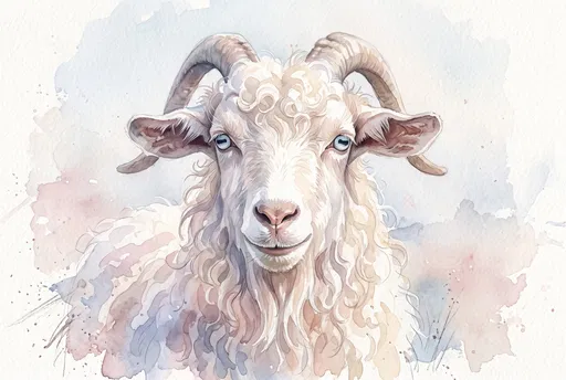 Pastel Watercolor White Angora Goat Portrait