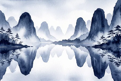 Indigo Watercolor Mountains and Lake Reflection