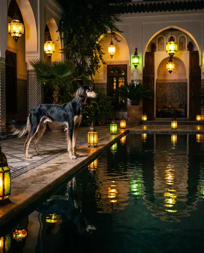 Persian Hound by Courtyard Pool at Night