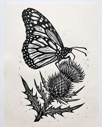 Block Print Monarch Butterfly on Thistle