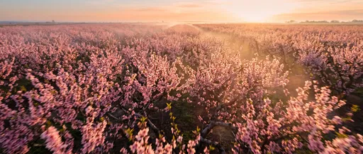 Sunrise Over Blooming Pink Peach Orchard