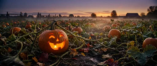 Glowing Jack-o'-Lantern in Dusk Pumpkin Patch