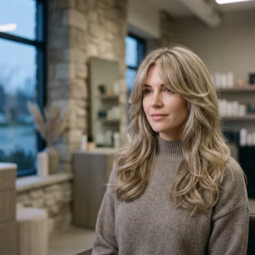 Woman With Blonde Curtain Bangs In Salon