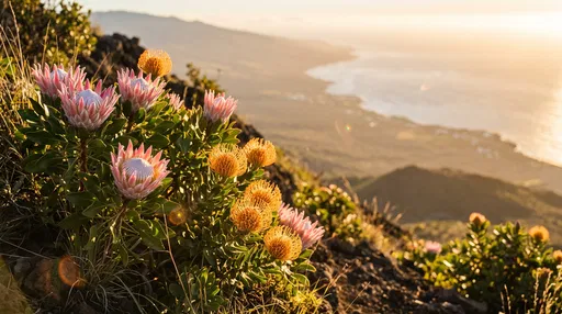 Protea Flowers Blooming on Coastal Hillside
