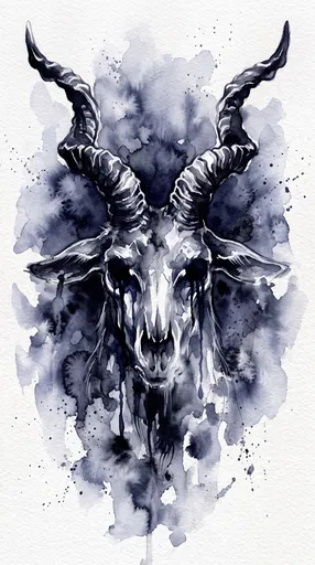Indigo Watercolor Spectral Goat Head Illustration