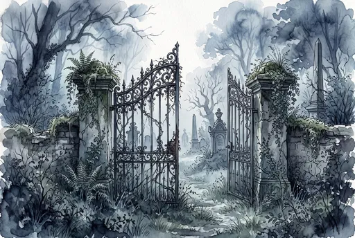 Watercolor Illustration of Overgrown Cemetery Gate