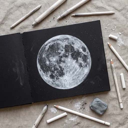 White Charcoal Moon Drawing in Sketchbook