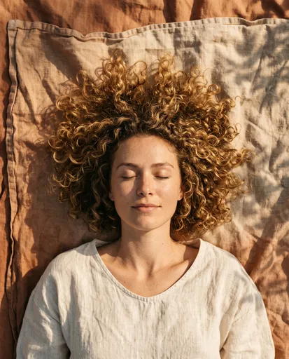 Woman With Curly Hair Resting On Linen