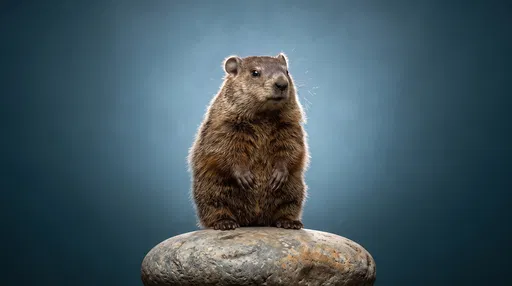 Studio Portrait of Alert Woodchuck on Stone