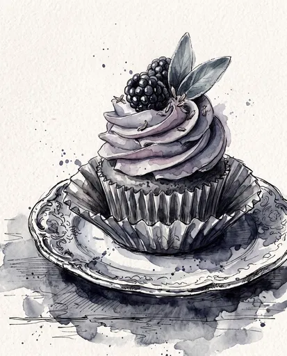 Watercolor Blackberry and Sage Cupcake Illustration