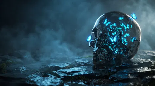 Glass Skull With Glowing Blue Butterflies