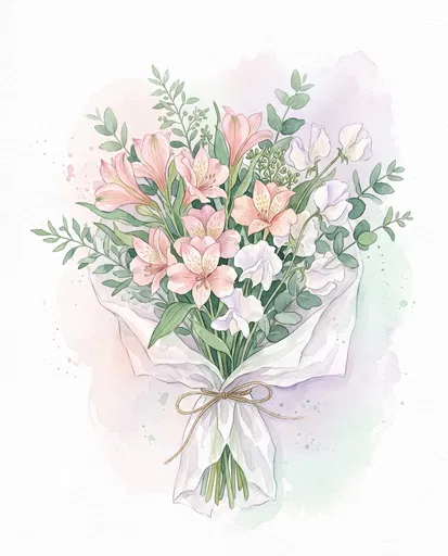 Watercolor Pastel Lily and Sweet Pea Bouquet