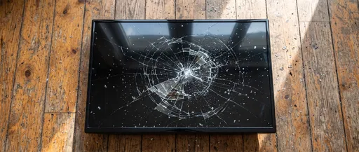 Shattered Flat Screen Television on Wood Floor