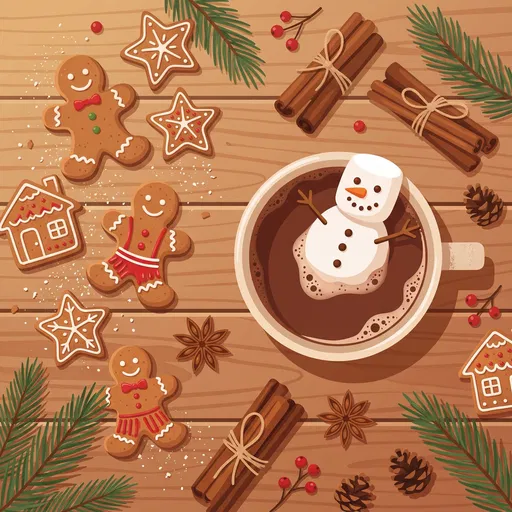 Festive Hot Cocoa and Gingerbread Flat Lay