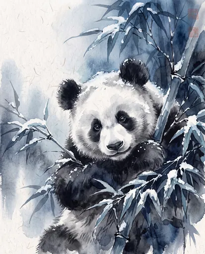 Watercolor Giant Panda in Snowy Bamboo