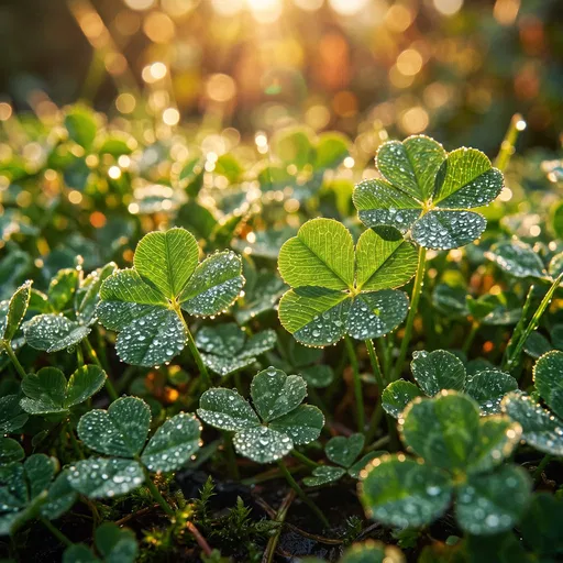Dewy Four-Leaf Clovers in Golden Sunlight