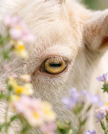 Close-Up of Baby Goat Eye with Wildflowers