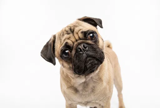 Curious Pug Tilting Head on White