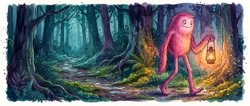 Pink Monster Carrying Lantern in Forest