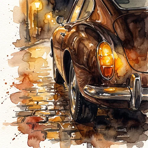Watercolor Vintage Sports Car Rear at Night