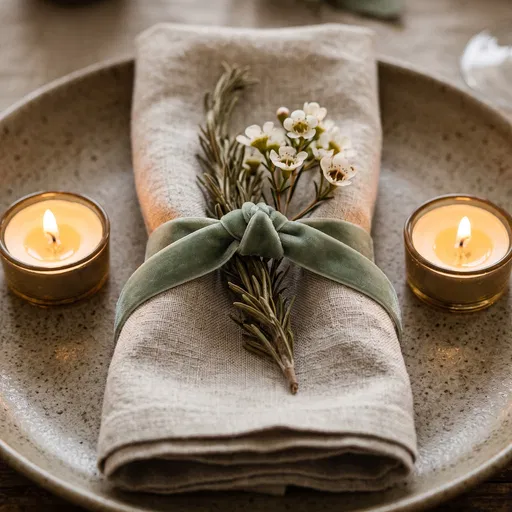 Linen Napkin With Rosemary And Tea Lights