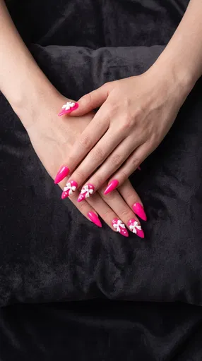 Hands With Pink Stiletto Bow Nails