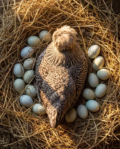 Hen With Blue Eggs in Straw Nest