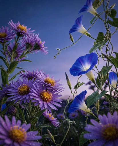 Dewy Purple Asters and Blue Morning Glories