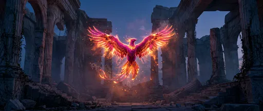 Glowing Phoenix Rising in Ancient Marble Ruins