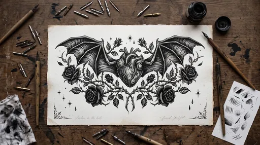 Gothic Bat-Winged Heart Tattoo Flash Sheet
