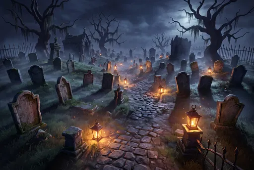 Spooky Stylized Cemetery Path at Night