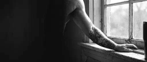 Monochrome Forearm Tattoo on Sunlit Windowsill