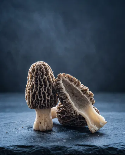 Fresh Morel Mushrooms on Dark Slate