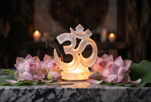 Glowing Selenite Om Carving With Pink Lotuses