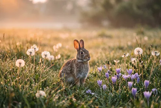 Wild Rabbit in Morning Meadow at Sunrise
