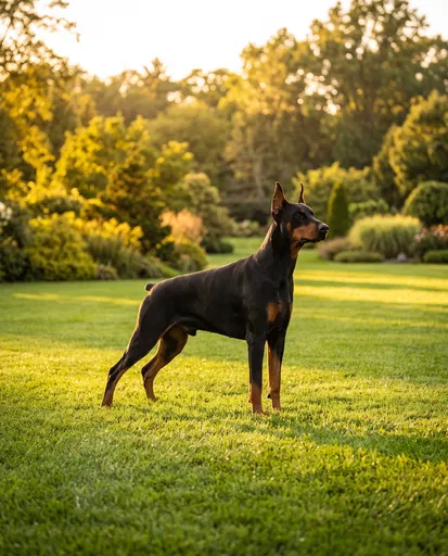 Doberman Pinscher Standing on Sunlit Lawn