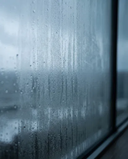 Condensation Drips on Moody Blue Window