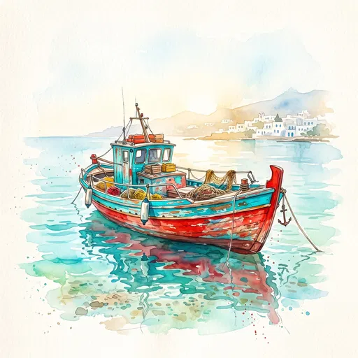 Watercolor Illustration of Traditional Greek Fishing Boat