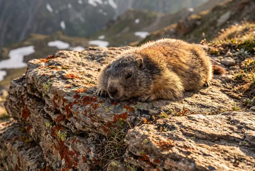 Alpine Marmot Resting on Mountain Rock