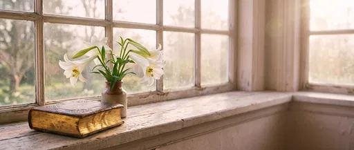 Vintage Book and White Lilies on Windowsill