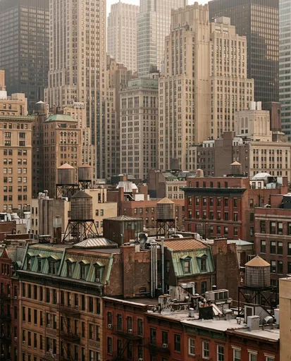 Dense Historic Urban Skyline With Water Towers