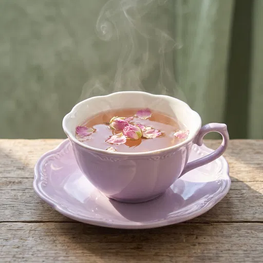 Lavender Teacup with Steaming Rosebud Tea